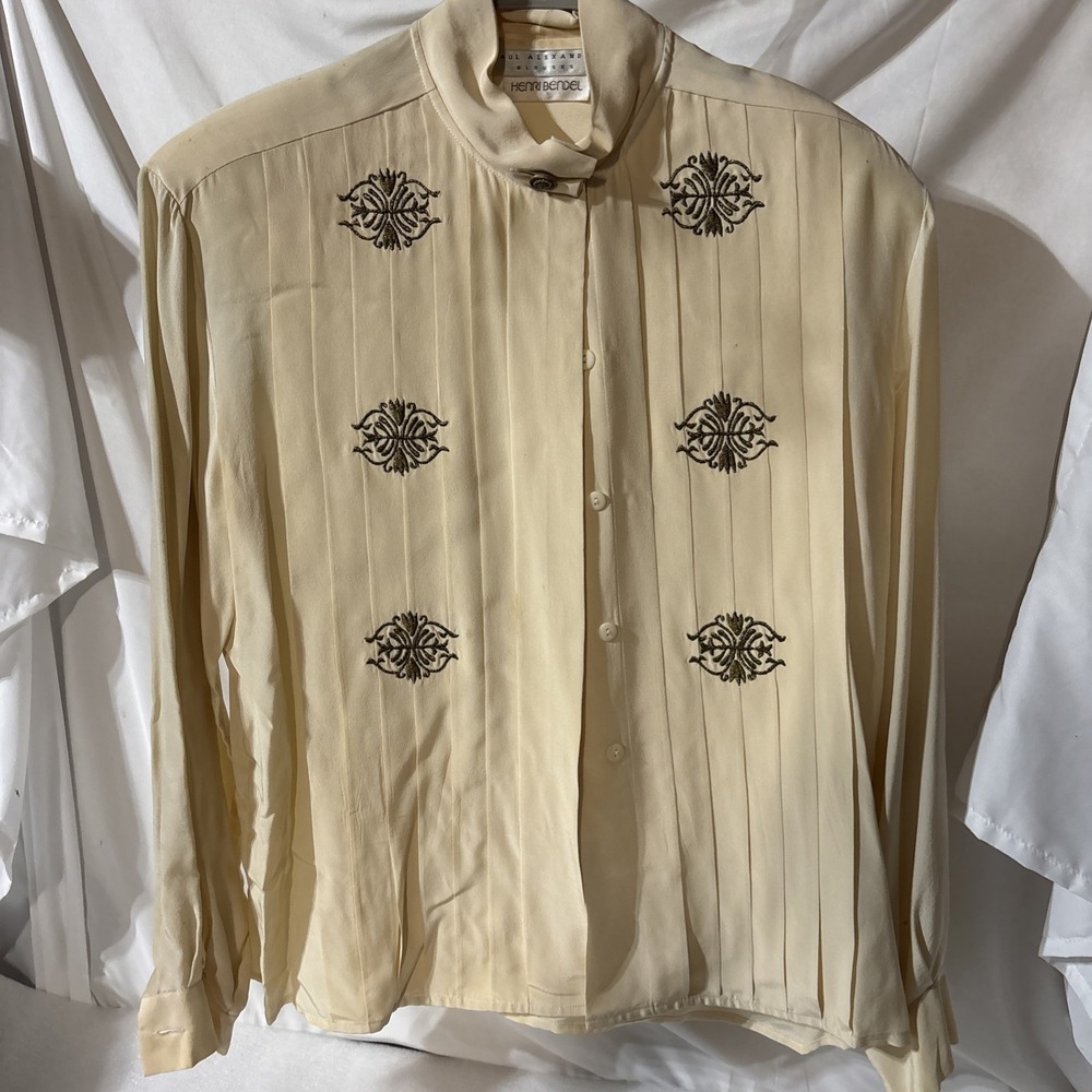 Vintage Paul Alexander 100% Silk Blouse Embroidered Floral Champagne Sz 8‎